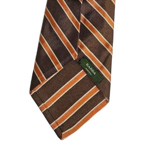 BARBA 7fold Men's 100% Silk Necktie LUXURY Tie Brown Striped W:3.7" EUC - Picture 7 of 7